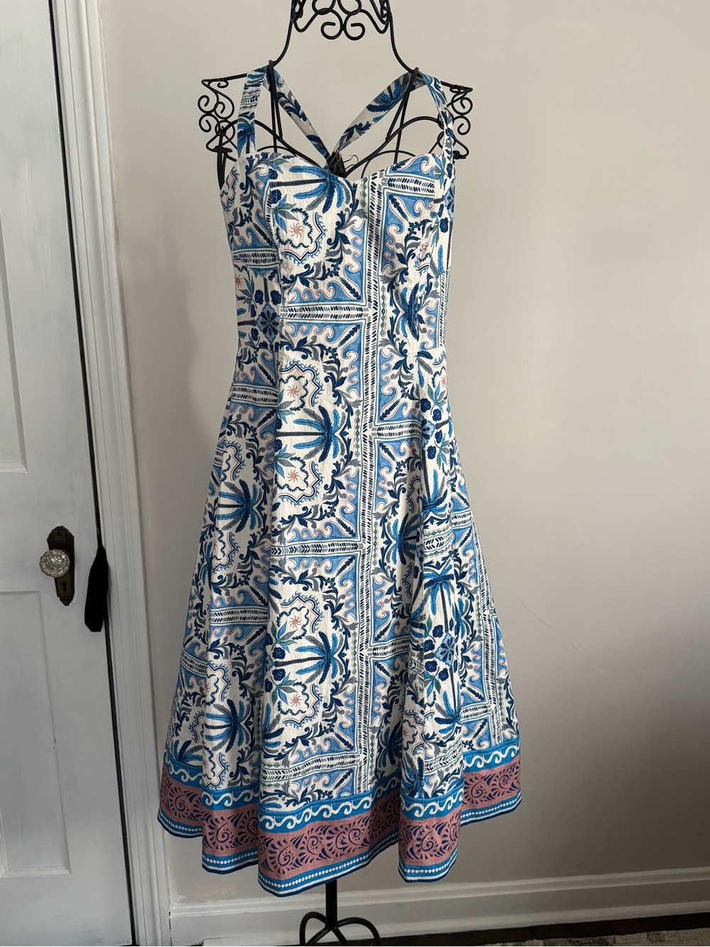 NWT Avec Les Filles Blue/White Cotton Floral Midi Dress with Pink Border NWT
